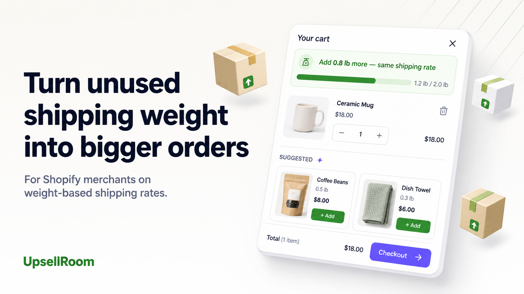UpsellRoom cart widget showing remaining shipping bracket capacity and a suggested product